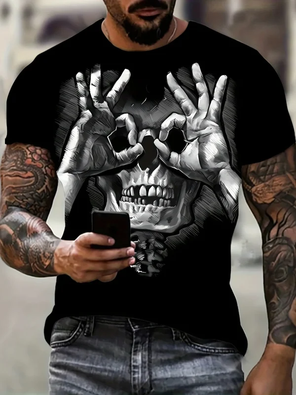 Hot sale Skull Print Men's Casual T-Shirt 3D printed Summer Street Style Stretch V-Neck Tee with Short Sleeves Knitted Fabric - Image 3