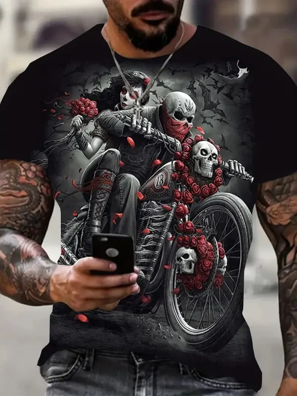 Hot sale men's Skeleton Motorcyclist 3D Digital Print Graphic T-shirts, Short Sleeves casual summer t-shirts - Image 3