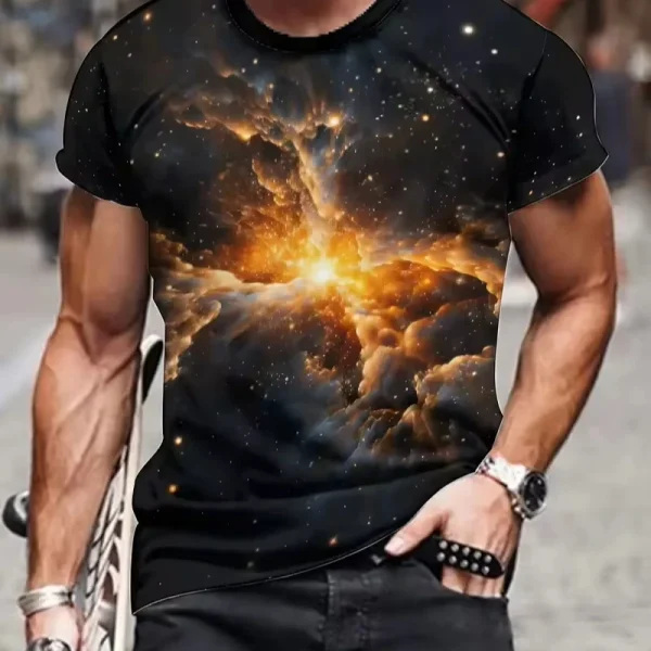 Hot Sale Men's Summer Outdoor T-Shirts Starry Night Nebula 3D Digital Pattern Print Casual Comfy Short Sleeve Pullover Tops