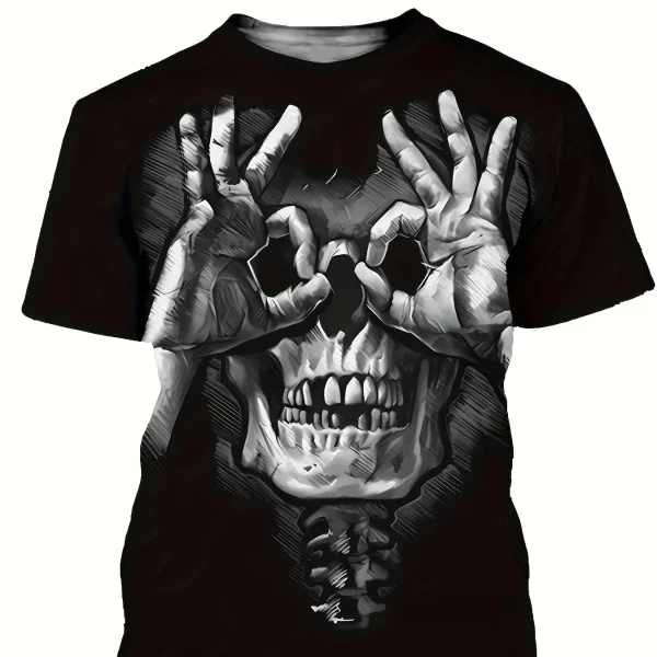 Hot sale Skull Print Men's Casual T-Shirt 3D printed Summer Street Style Stretch V-Neck Tee with Short Sleeves Knitted Fabric